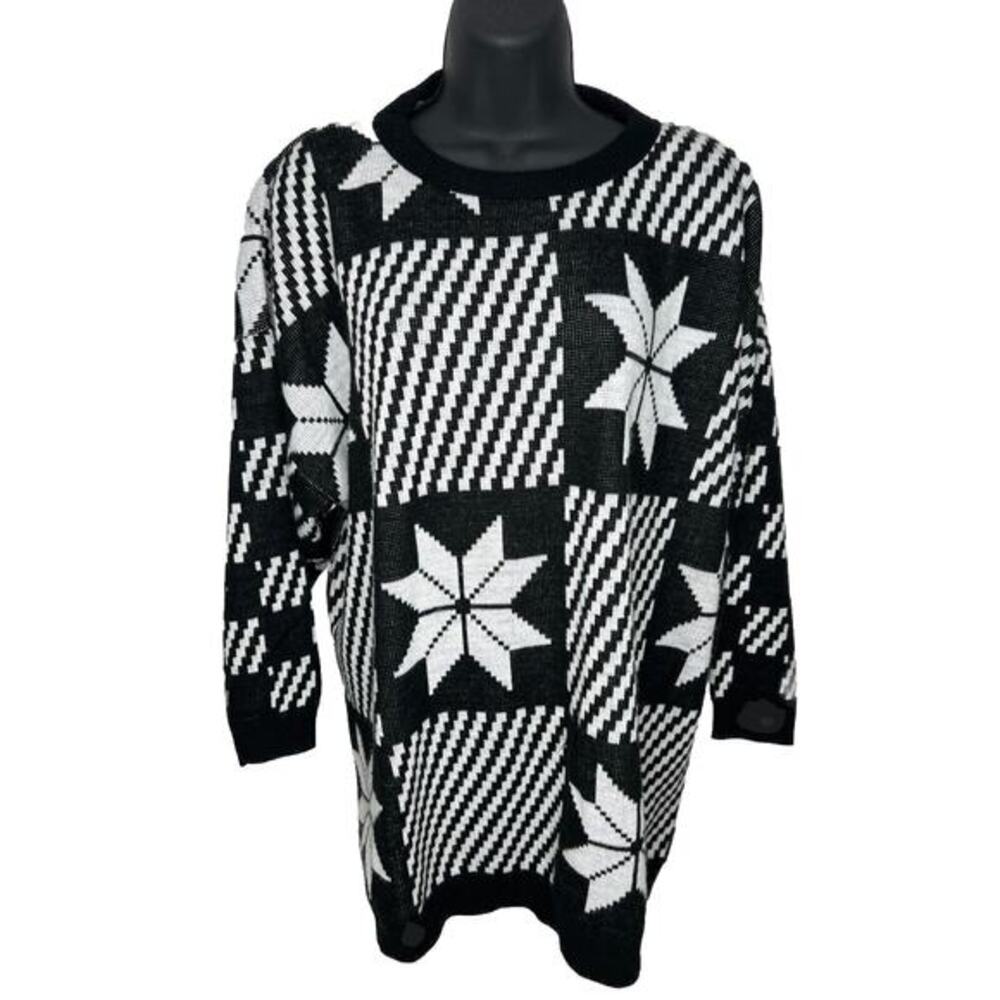 Vintage JANE ADAMS One Size Fits Crewneck Sweater Black White Acrylic